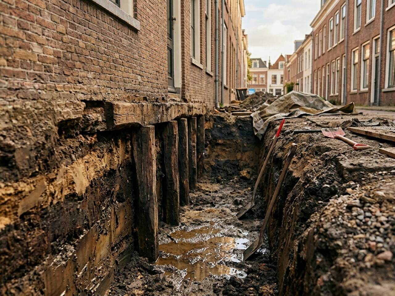 Open inspectieput naast een woning met blootgelegde houten heipalen en zichtbare aardlagen