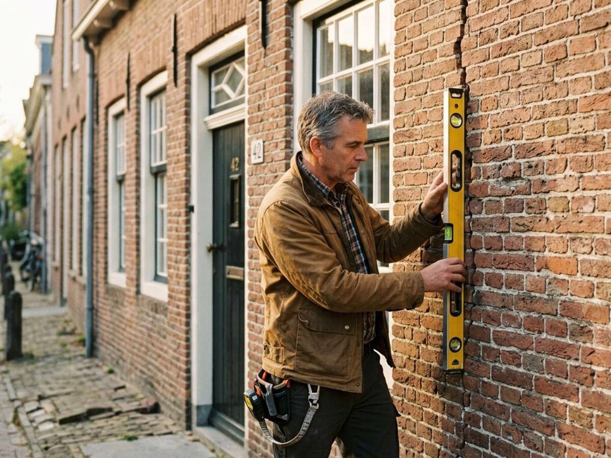 Inspecteur meet de lintvoeg van een oude bakstenen gevel tijdens een quickscan