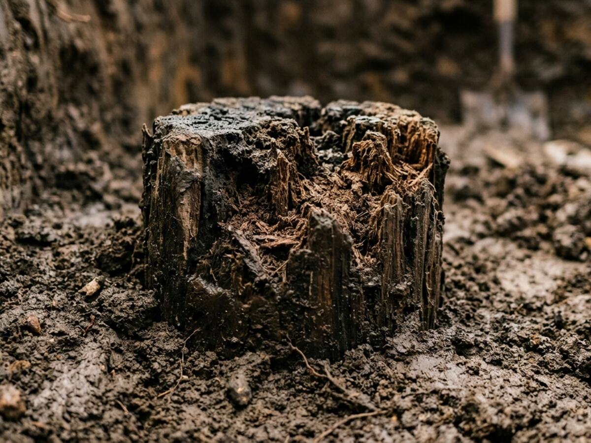 Kop van een oude houten heipaal met beginnende paalrot in natte kleigrond