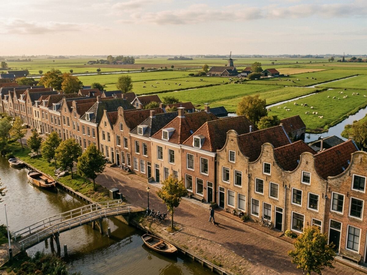 Rij Hollandse woningen in een gebied met veen- en kleigrond dat periodiek gevolgd wordt